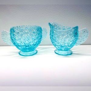 Vintage Depression Glass Starburst Design Glass Art Sugar and Creamer Set Green